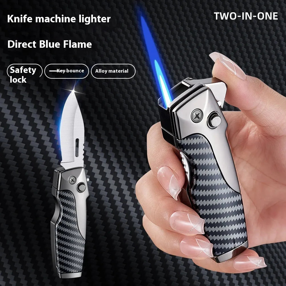Metal folding lighter with integrated knife blade showing wood grain finish and one-click unfolding mechanism