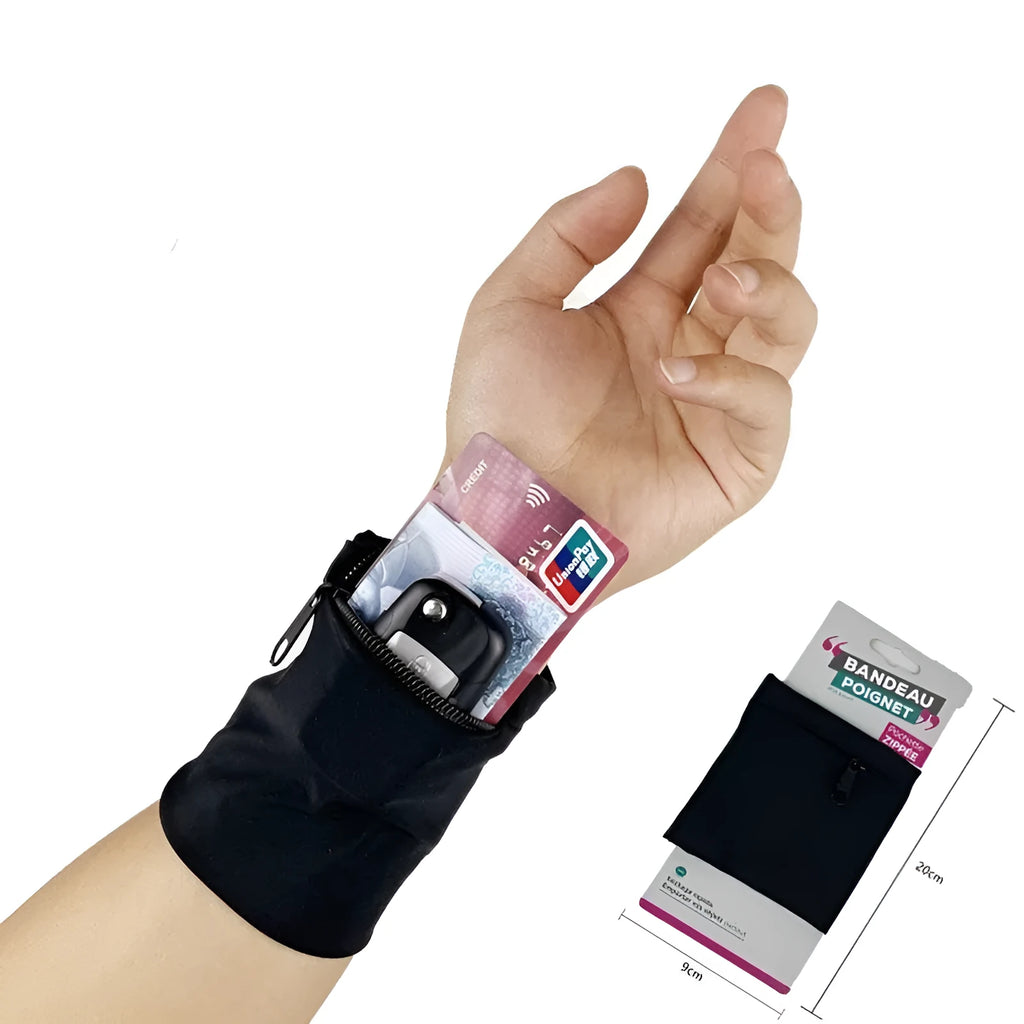 Black armband wallet with adjustable strap and 10x10.5cm phone compartment for running and hiking.