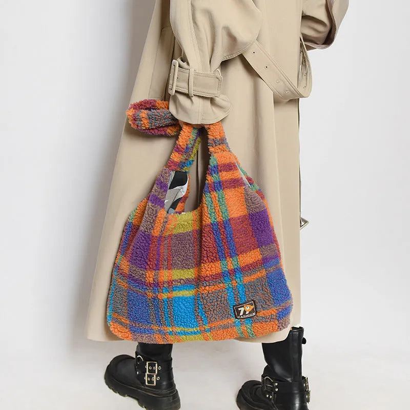Women's plush plaid crossbody tote bag in Army Green colour showing 40x44x9cm dimensions and internal zipper pocket