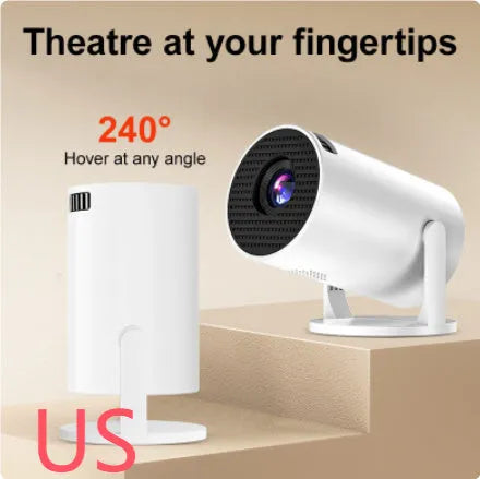 White MINI wireless portable projector showing 1080p HD resolution capability with UK power compatibility