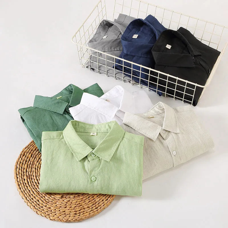 Chinese-style long sleeve linen cardigan in a loose fit, shown in a solid colour.