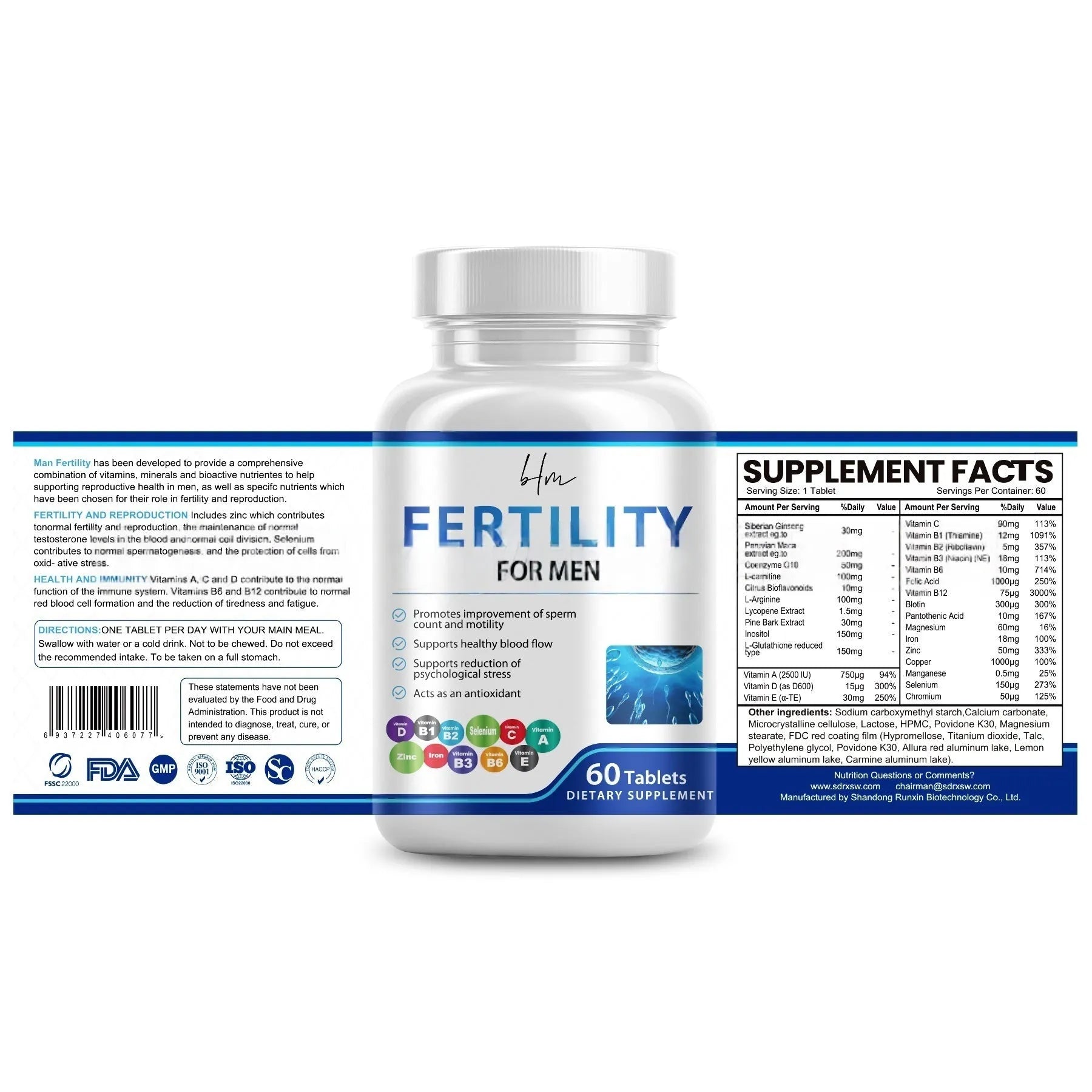 Bottle of 60 male fertility tablets with COMLEX vitamin mineral amino acid formula.