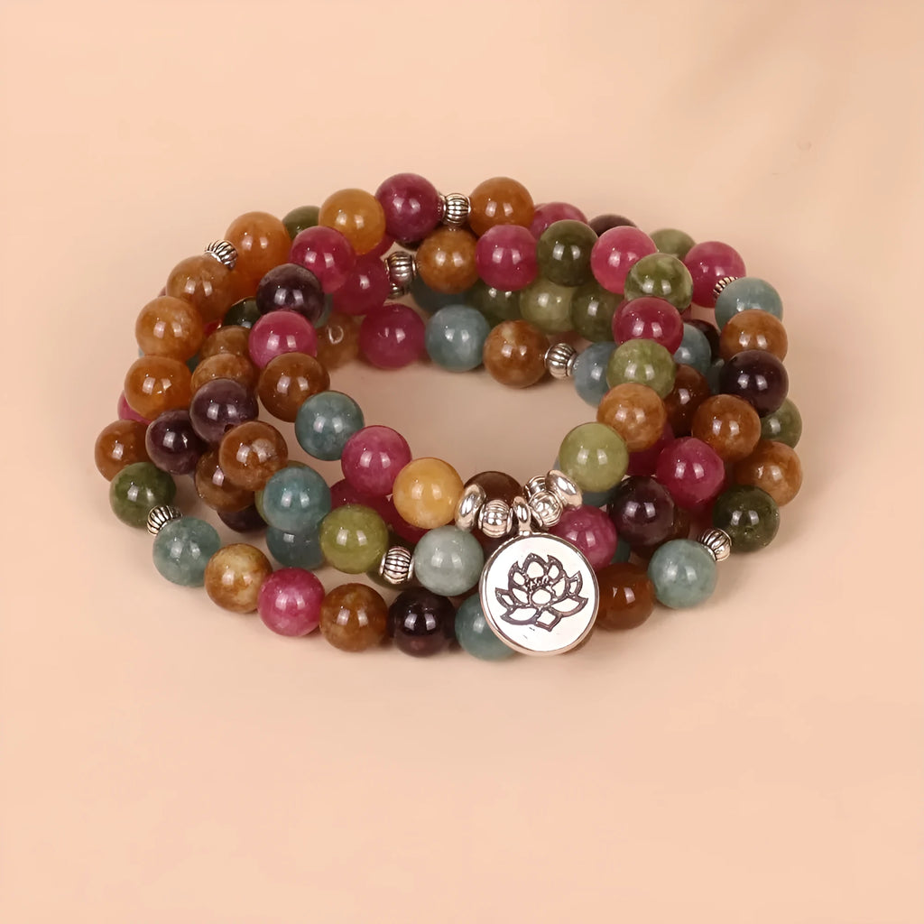 Natural tourmaline 108 bead bracelet with lotus pendant and multi-layer adjustable design