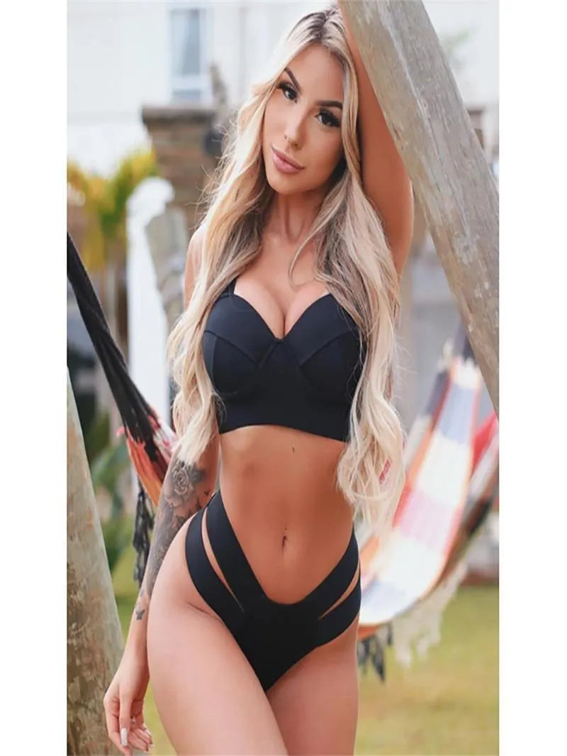 Women's rose red bikini swimsuit with steel wire push-up top and matching bottoms on a neutral background.
