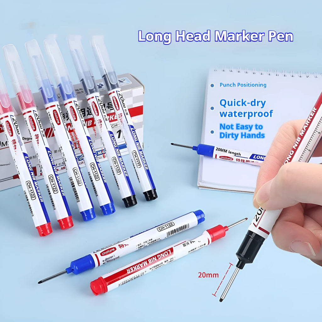 Pack of 10 waterproof quick-drying woodworking tile markers with 20mm long pen heads in black red and blue