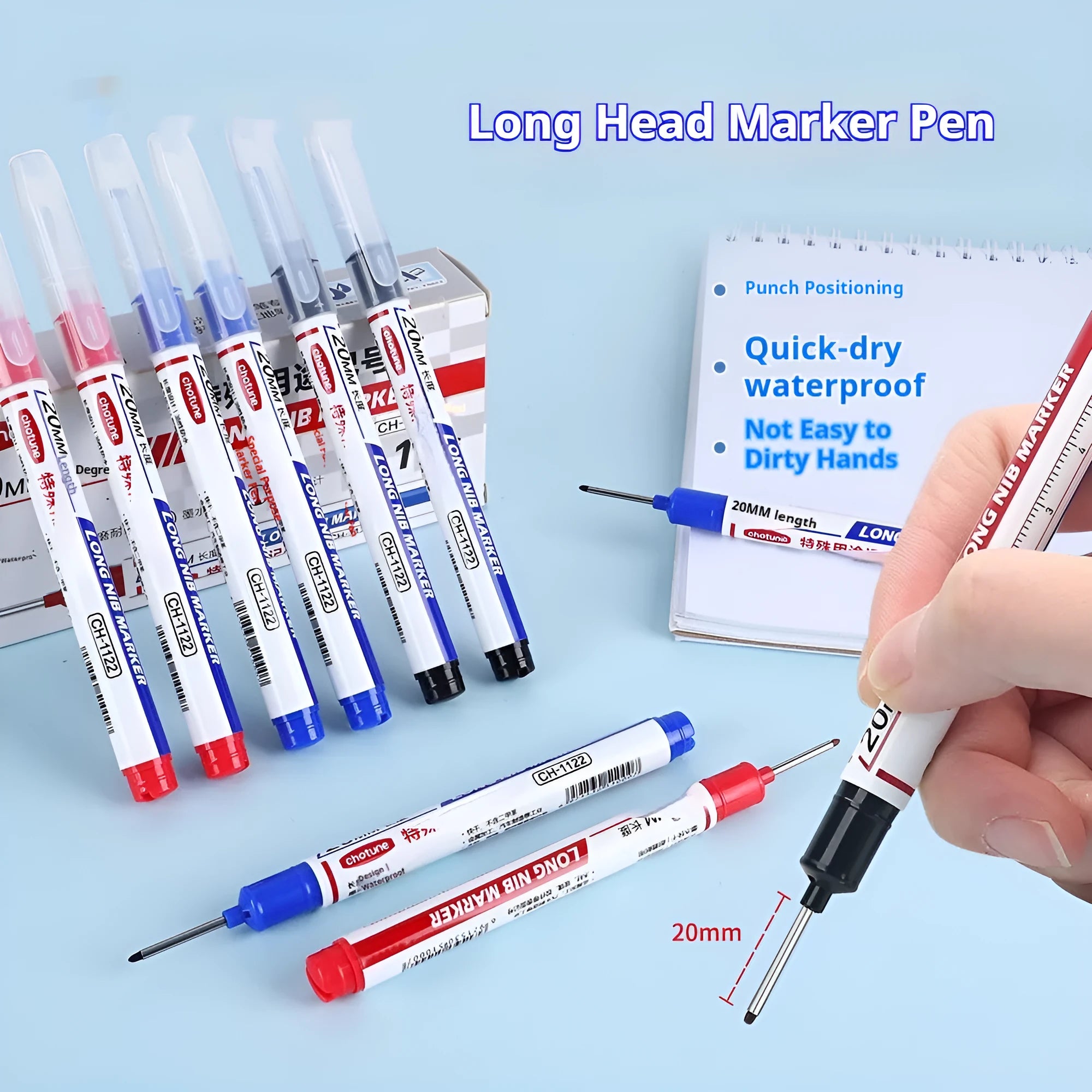 Pack of 10 waterproof quick-drying woodworking tile markers with 20mm long pen heads in black red and blue