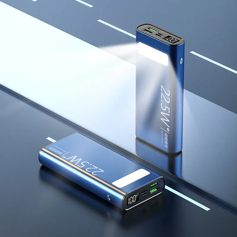 Alloy shell portable power bank in four colours showing LCD display and LED flashlight