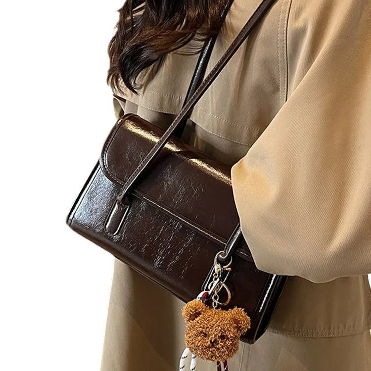 Brown women's PU leather Maillard shoulder bag with double straps and pendant accessory on horizontal square shape