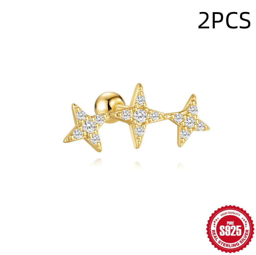S925 sterling silver flower stud earrings with square red gravel centre, golden electroplated finish