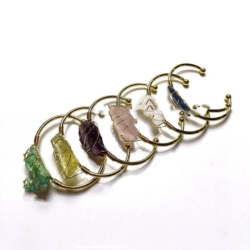 Natural crystal rough stone bracelet with gold geometric winding wire in bohemian style