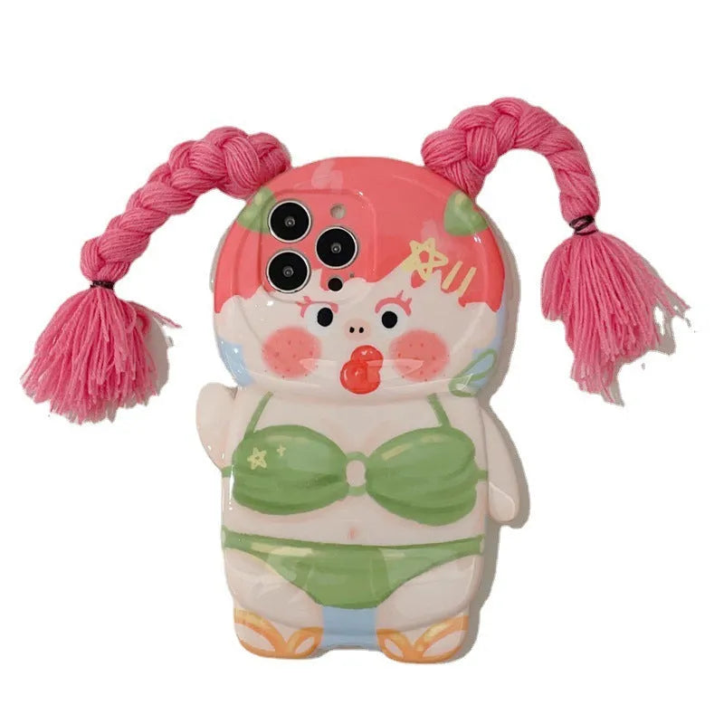 Pink and green cartoon girl swimsuit design on a silicone iPhone case for fall protection.