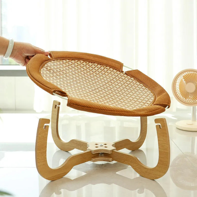 Brown woven rattan cat hammock measuring 46cm with 17.5cm height for elevated pet sleeping