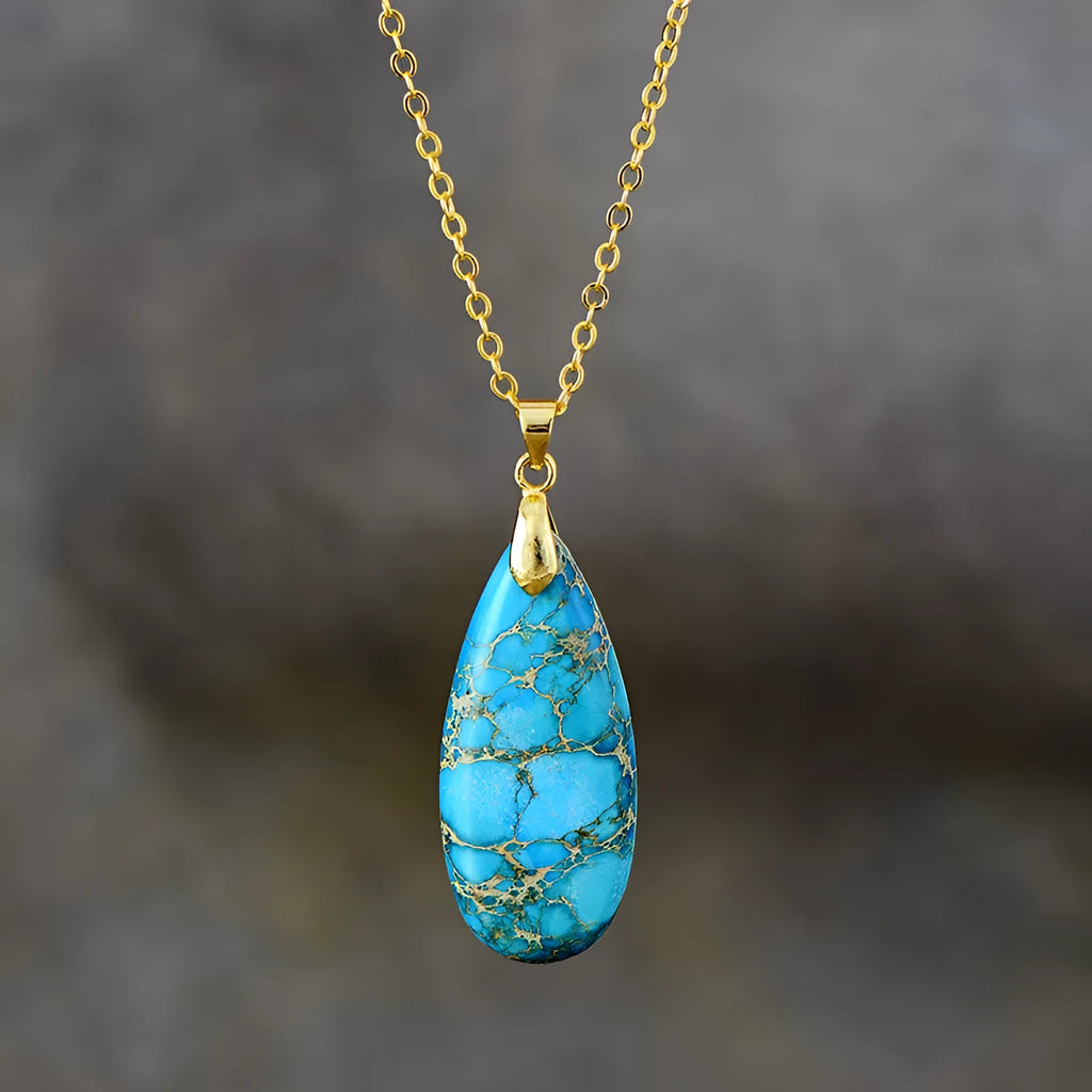 Jade Emperor Stone water drop pendant necklace with gold plated chain in four colour options