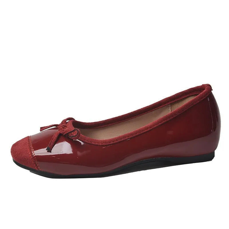 Women's retro Mary Jane ballet flats in apricot colour with square toe and bow detail.