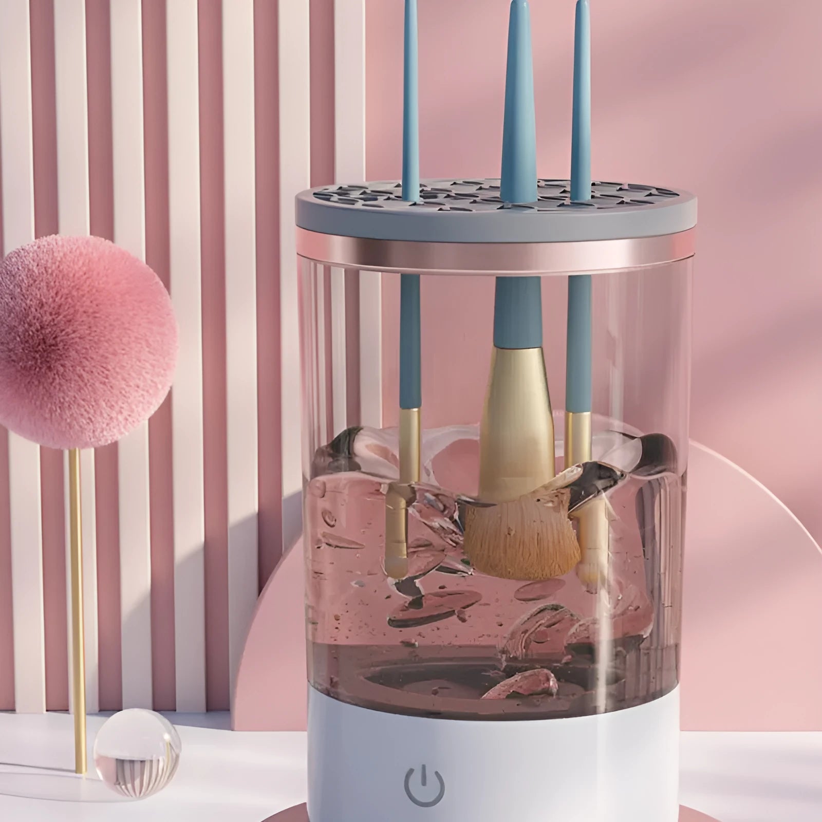 Electric makeup brush cleaner in grey and white, 17x9x9 cm, with USB charger and brush