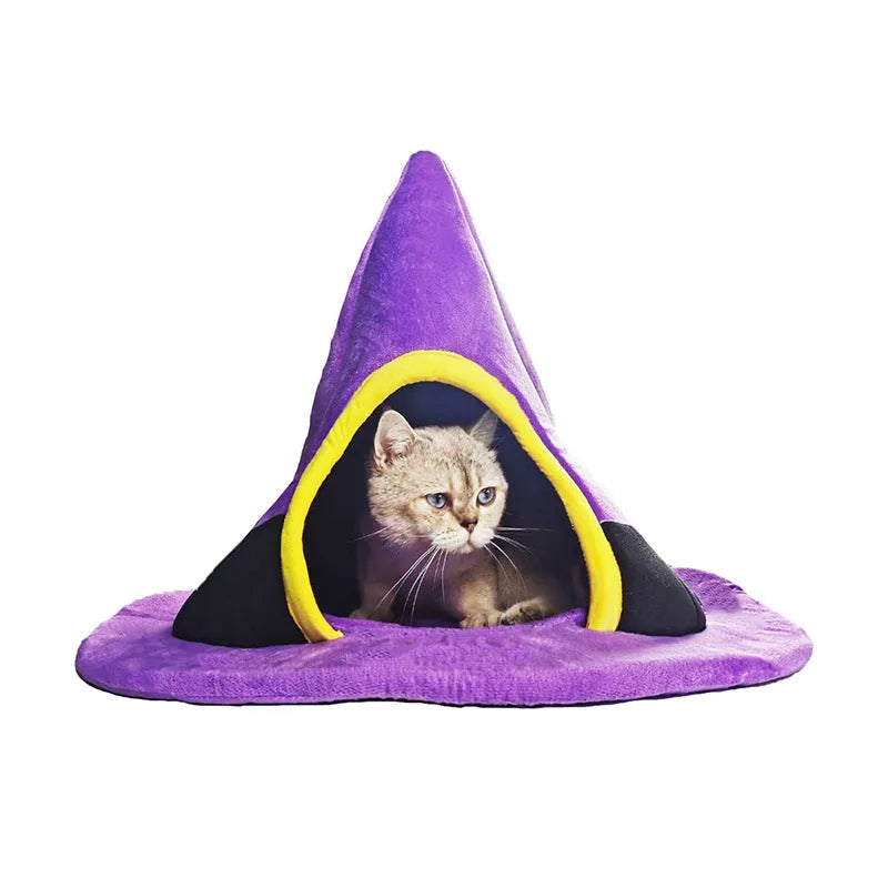 Purple witch hat-shaped cloth cat nest for pets, shown with dimensions of 60 by 45 centimetres.