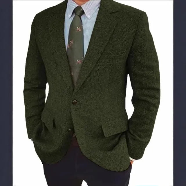 Men's brown herringbone pattern retro suit jacket with long sleeves and flax lining.