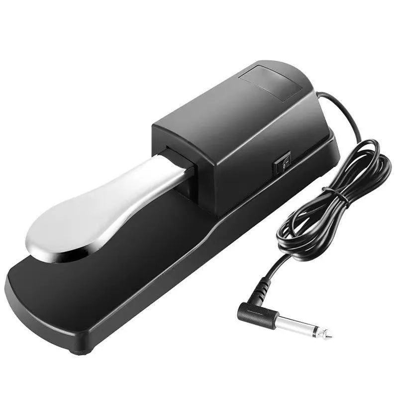 Black electronic keyboard sustain pedal with single-leg design on wooden floor