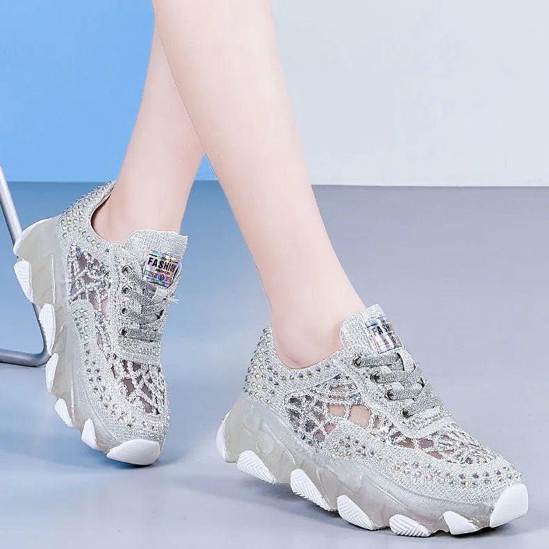 Women's mesh height increasing wedge heel sneakers green white high top breathable casual basketball trainers