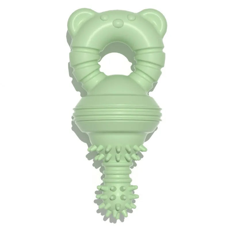 Blue rubber dog chew toy with textured surface and bell for teeth cleaning