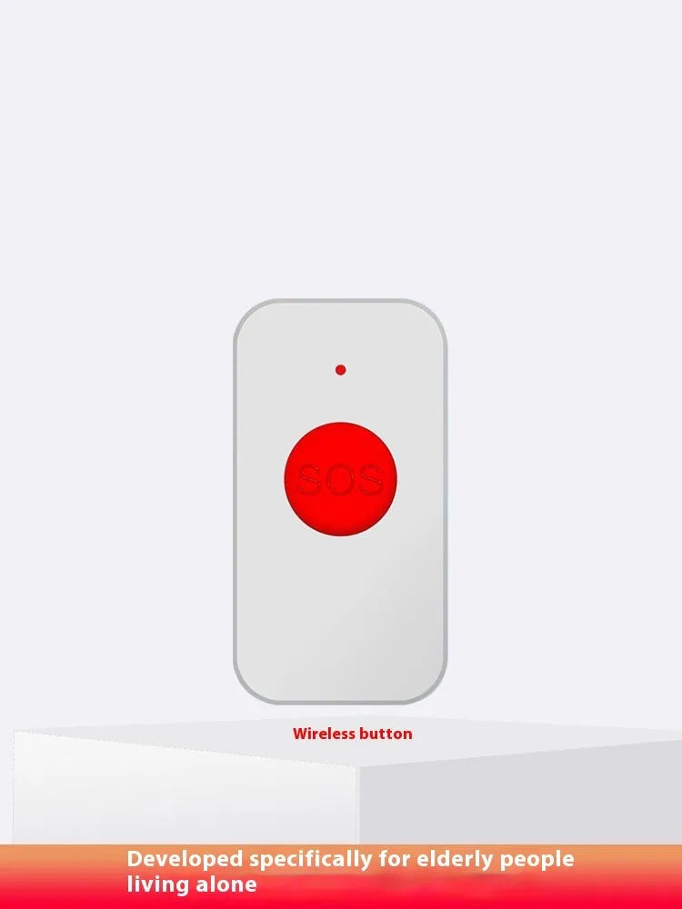 White elderly emergency alert device with central buzzer unit and three wireless emergency buttons for home safety.