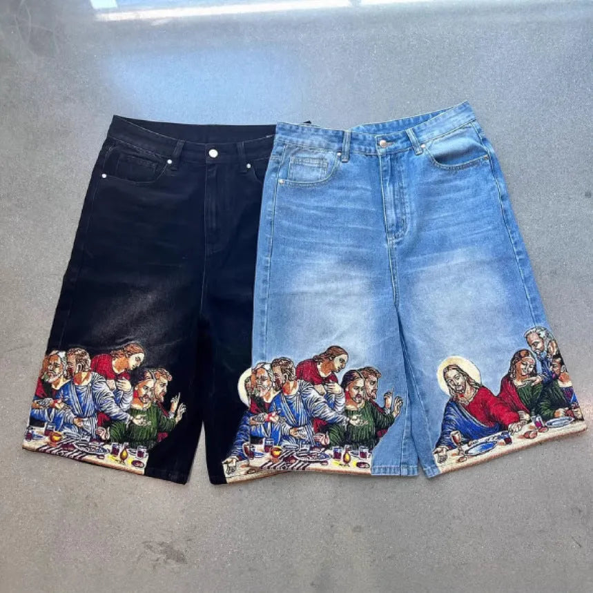 Blue men's tapered cotton shorts with a Jesus print design on the back pocket.