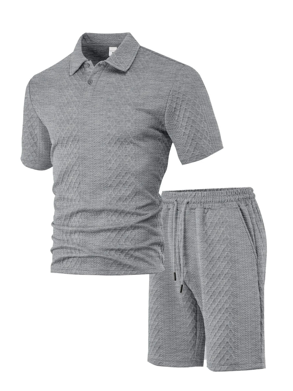 Men's patterned cloth casual short sleeve suit with polo shirt and trousers in various colours.