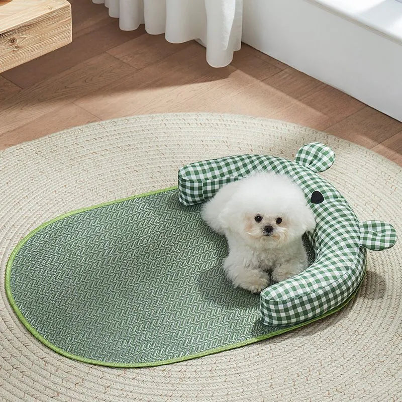 Green and yellow four-season dog cooling mat and pet bed in four sizes for small to extra-large dogs and cats.