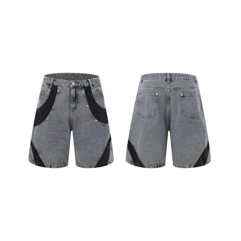 Retro washed denim short sleeve jacket and trousers suit set in blue colour.