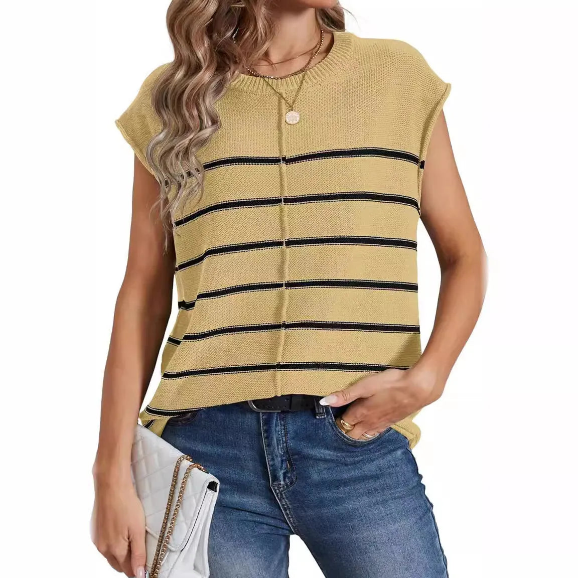 Women's striped sleeveless vest pullover in acrylic with bone stitching details
