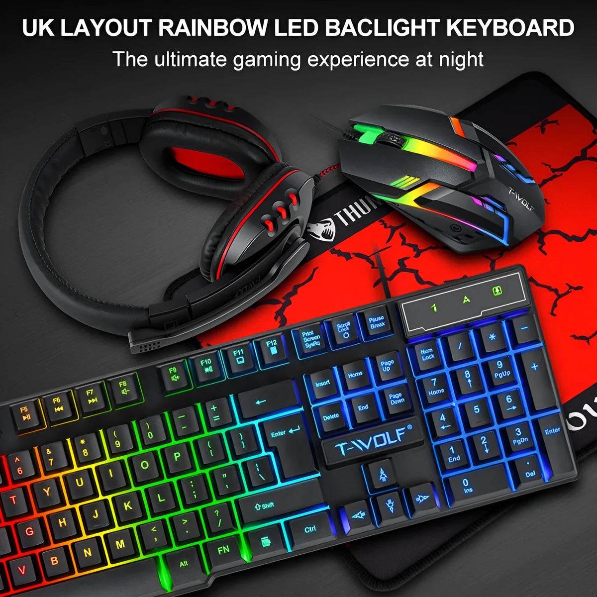 Thunder Wolf T800 gaming keyboard mouse headset bundle four piece set on desk