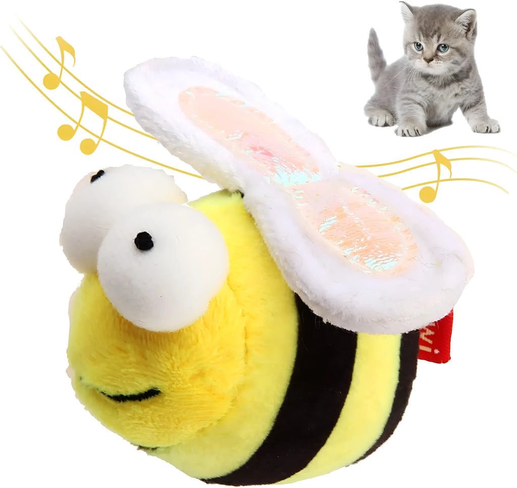 Yellow bee-shaped flannelette cat toy with motion-activated squeaking feature for interactive indoor play