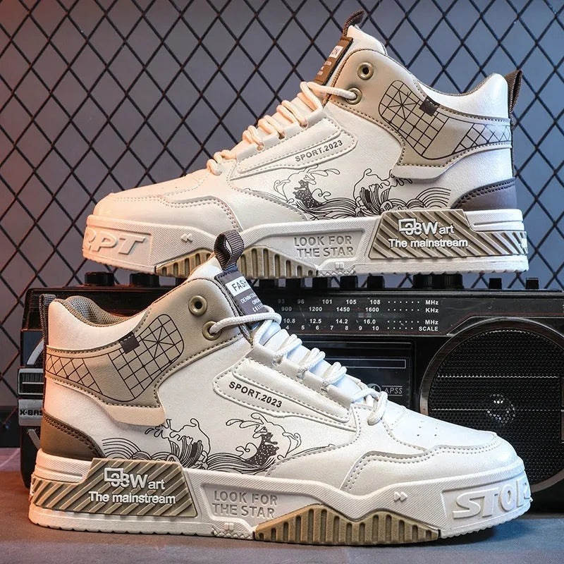 Men's beige high-top board shoes with lace-up front and rubber soles
