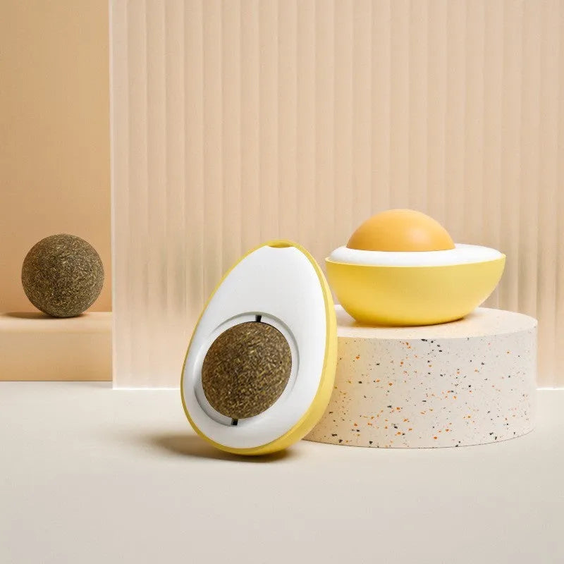 Interactive catnip ball toy in Fried Egg or Poached Egg style with soft plush exterior