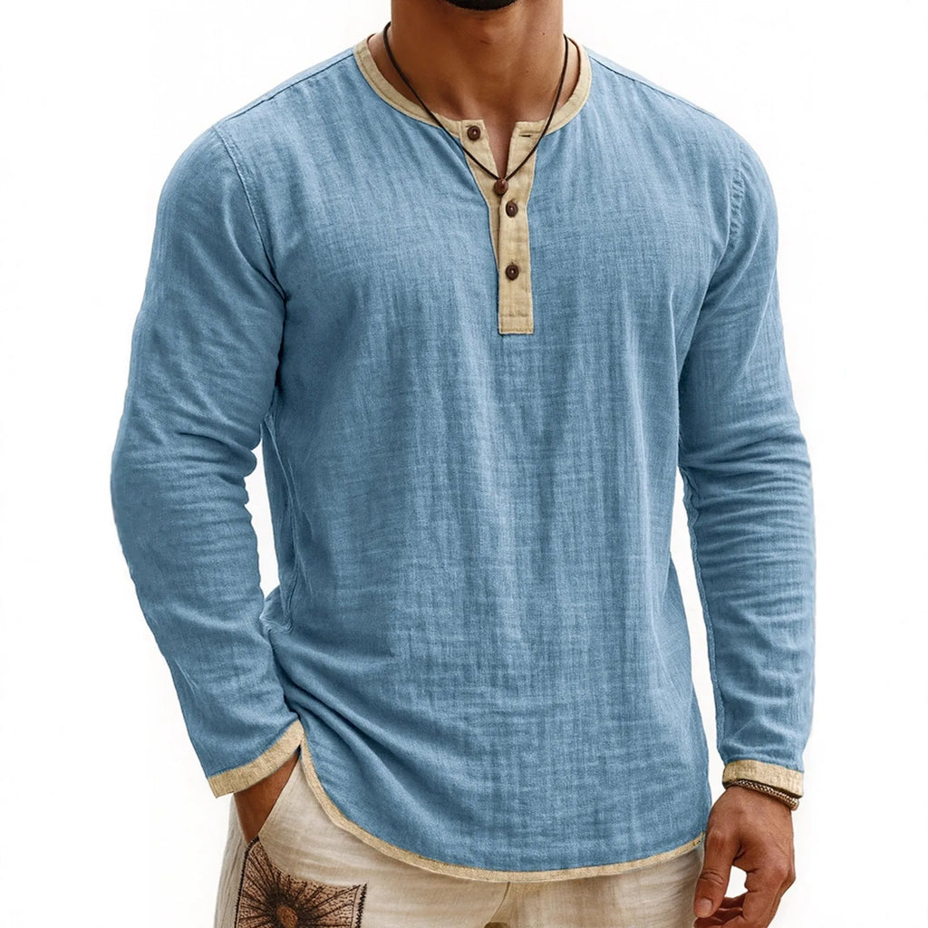 Men's digital printing two-tone 3-button Henley shirt, long sleeve, slim fit polyester casual top in youth style