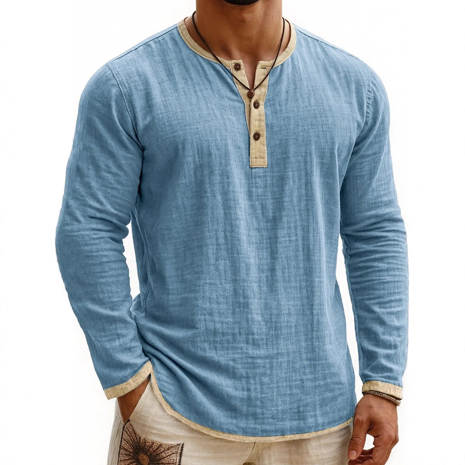 Men's digital printing two-tone 3-button Henley shirt, long sleeve, slim fit polyester casual top in youth style