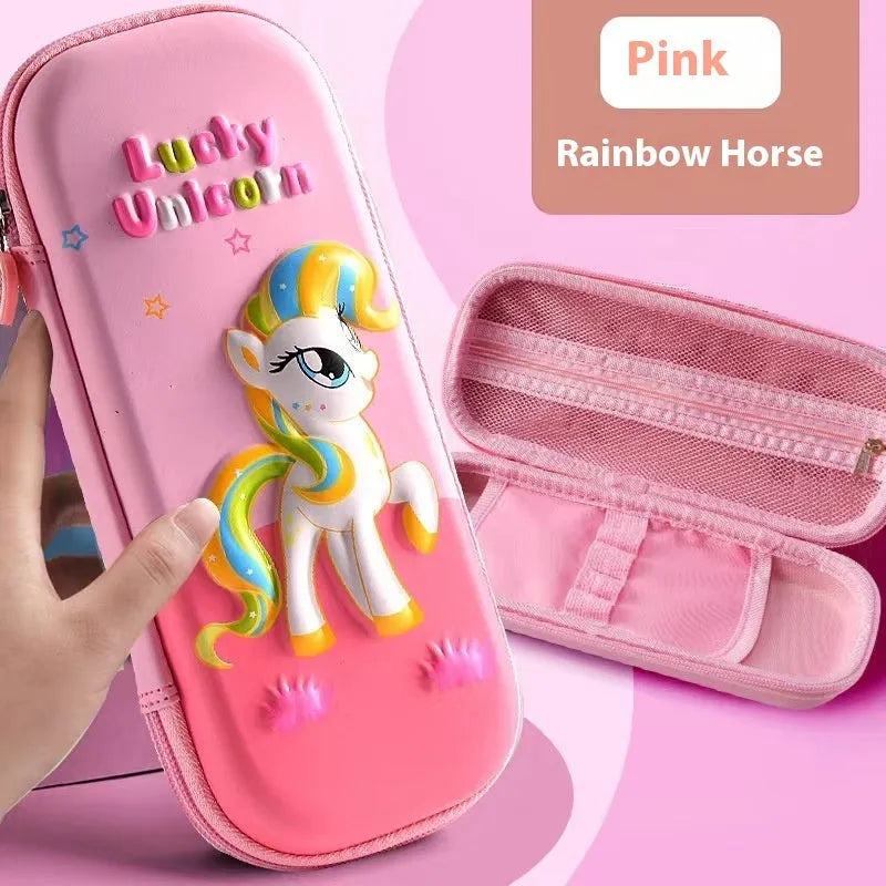 3D leather pencil case with zipper closure showing character design options including astronauts, unicorns, and mermaids