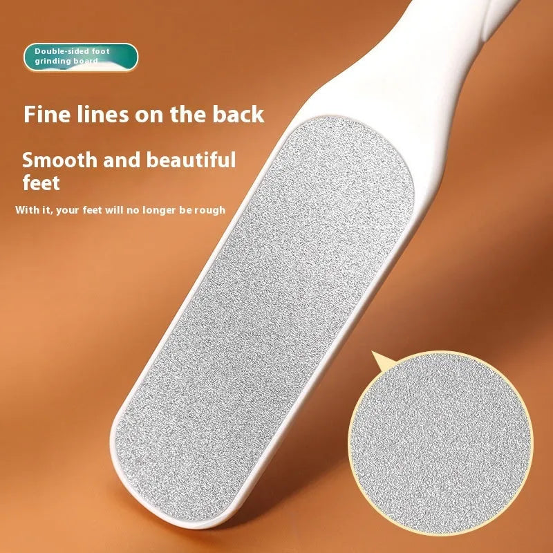 Stainless steel foot grinder with double-sided file, white and black foot gear pads.