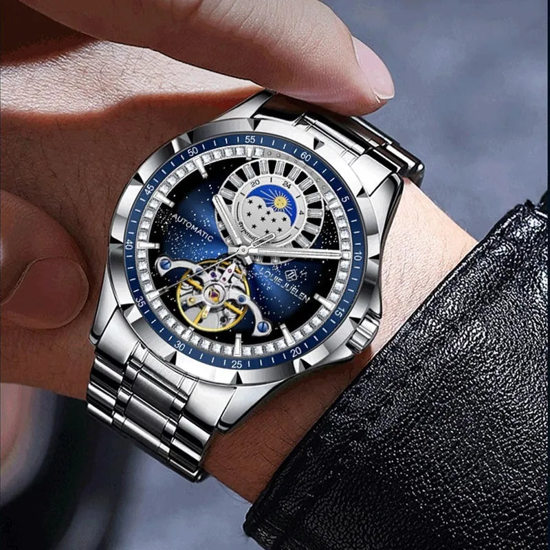 Men's silver waterproof automatic watch with blue dial and stainless steel strap