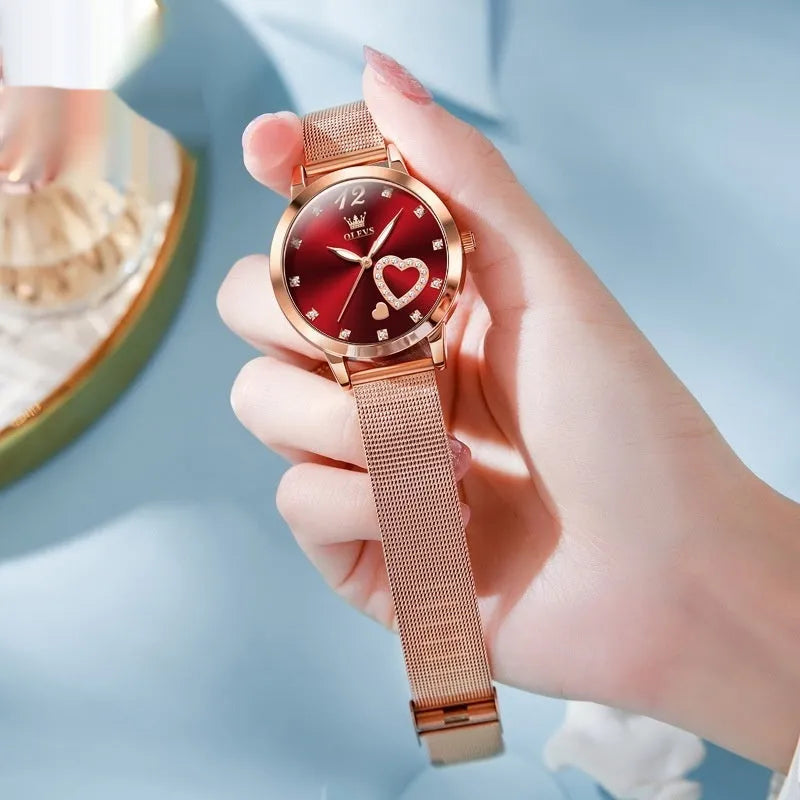Women's fashion watch with rose gold mesh strap and choice of six dial colours on 36mm alloy case