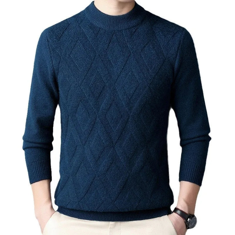 Men's thick diamond jacquard winter sweater in light camel colour, showing textured pattern