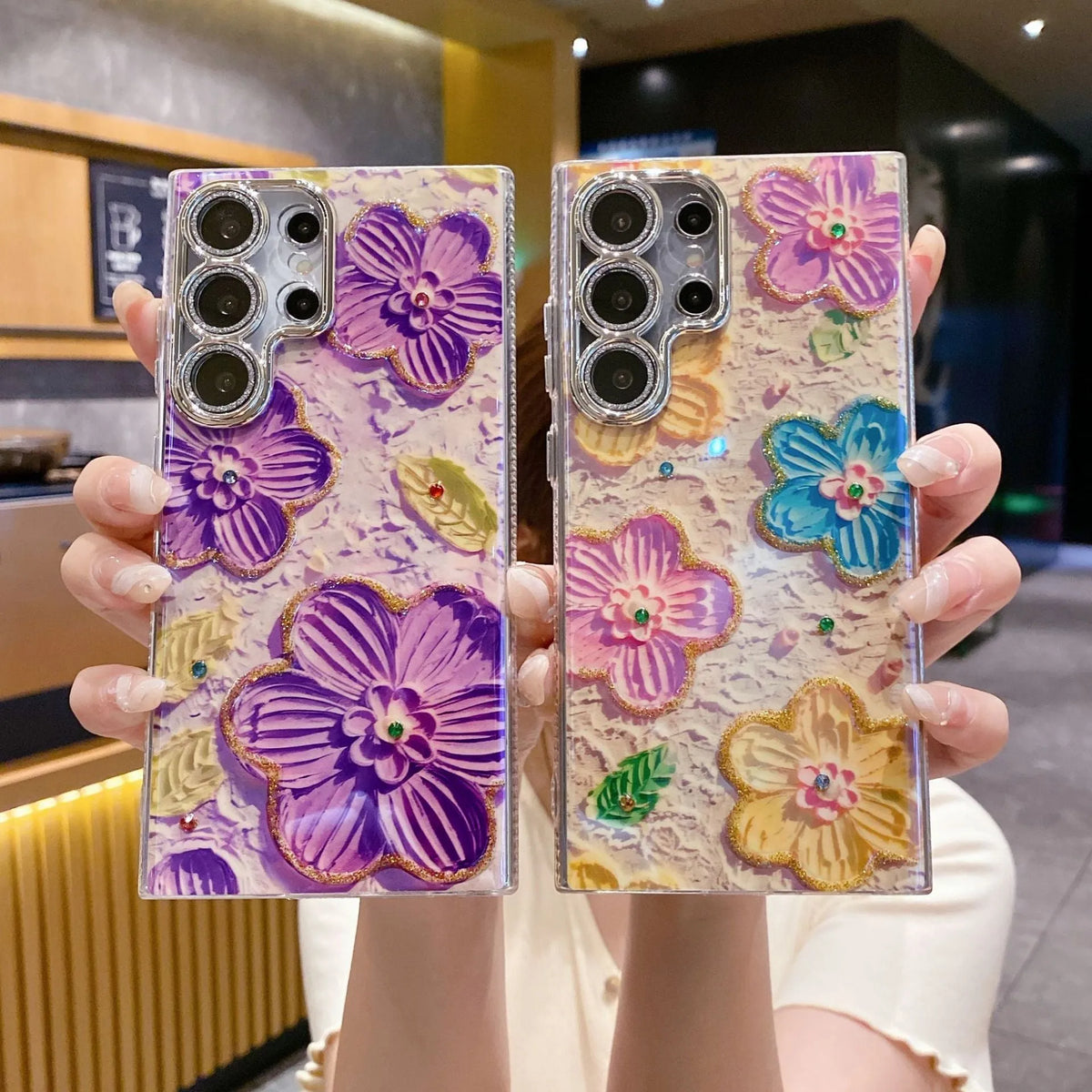 Rhinestone oil painting flower phone case for Samsung, TPU acrylic, electroplated, anti-fall, lens fine hole