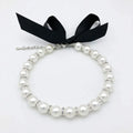 Adjustable pearl and rhinestone necklace with ribbon bow for small dogs and cats