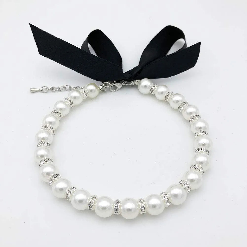Adjustable pearl and rhinestone necklace with ribbon bow for small dogs and cats