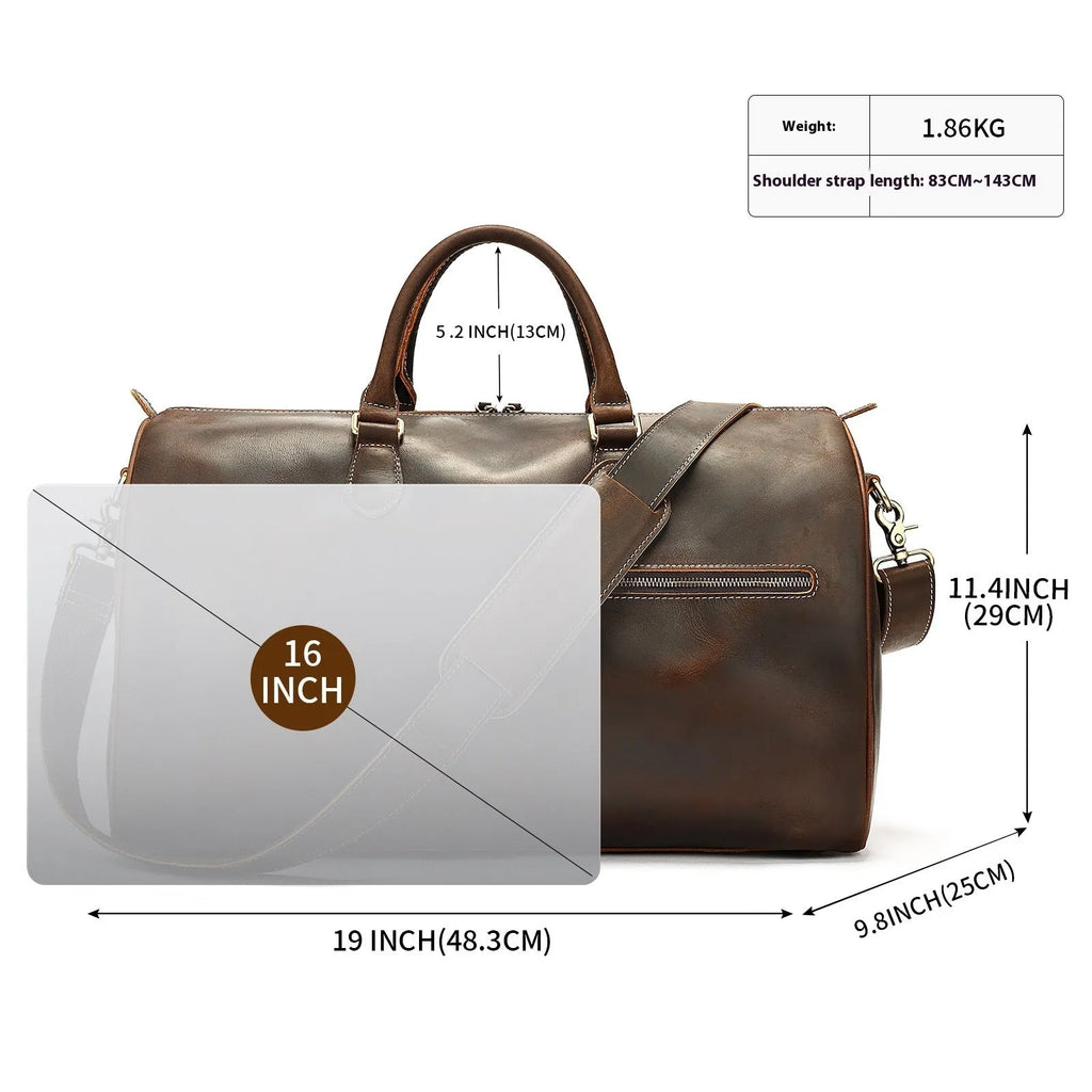 Genuine leather vintage-style crossbody bag for men in brown colour showing large capacity.
