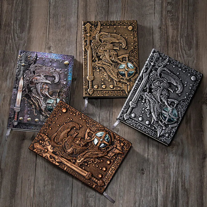 A5 leather notebook with embossed 3D warrior design on the cover.