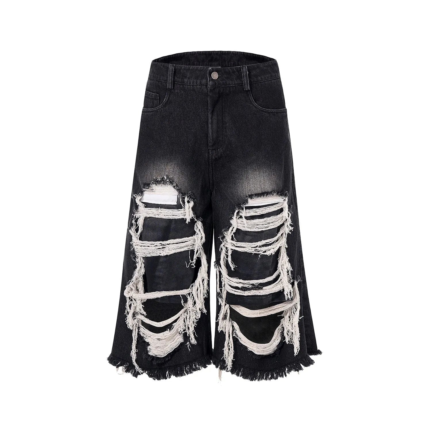 Black women's cropped wide-leg jeans with a ripped patch detail on the leg.