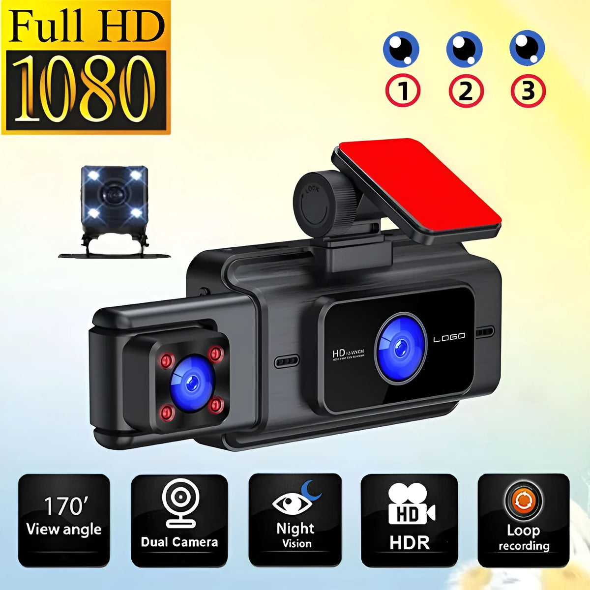 Black 3 lens video driving recorder with 3.0 inch screen, 170° shooting angle, front windshield mount, car power