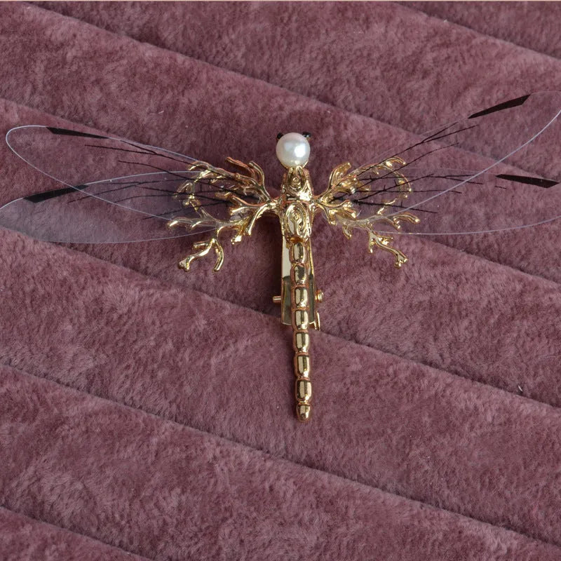 Golden dragonfly side clip headdress with electroplated alloy construction
