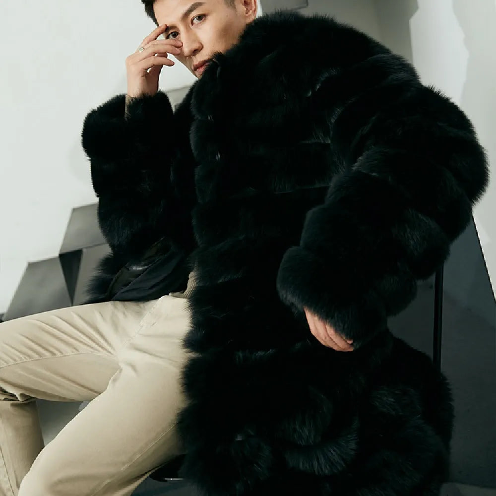 Men's real fur long fur coat in dark black with regular sleeves and pockets, winter commuting style, sizes M to 3XL